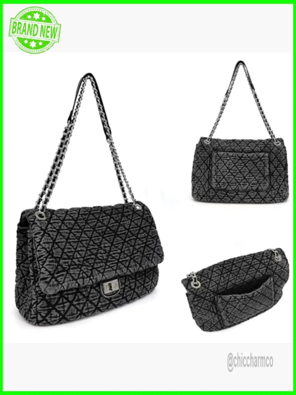 Large Quilted Denim Hobo Bag with Chain Straps, Crossbody Tote